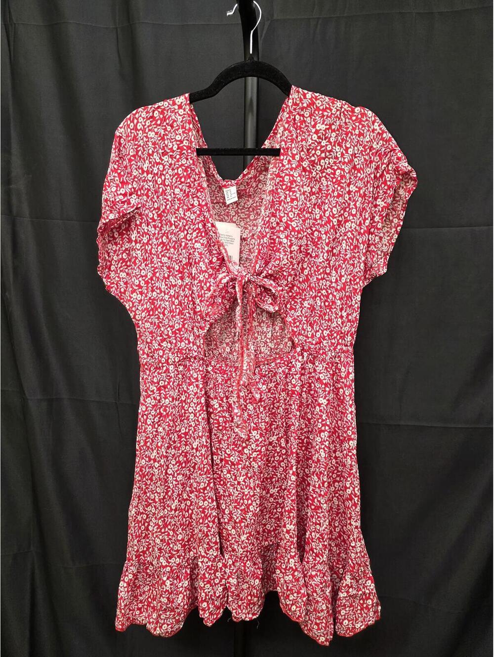 FLOERNS TROPICAL FLORAL PLUNGING OPEN‑BACK SHORT RAYON DRESS RED XL